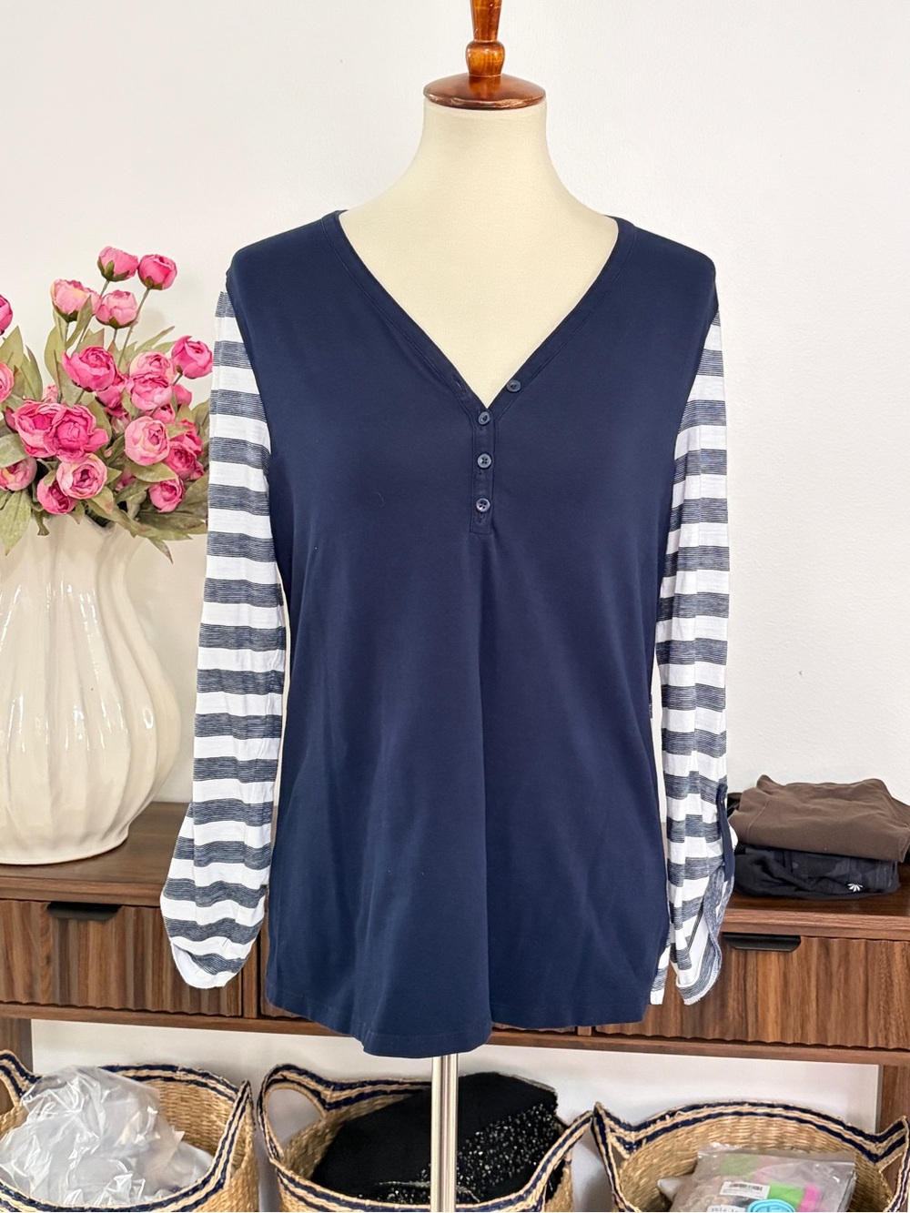 Jones New York Navy V-Neck Henley with Striped Sleeves